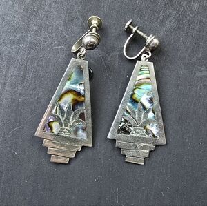 Vintage VARGAS Mexico Silver Dangle Earrings Abalone Inlay Pineapple Screw Back